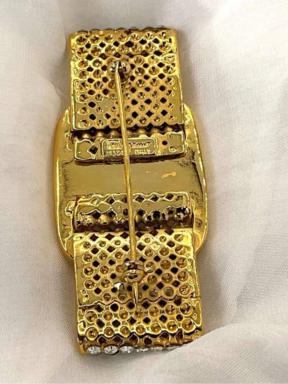 Salvatore Ferragamo Gold and Crystal Vara-Style Bow Brooch